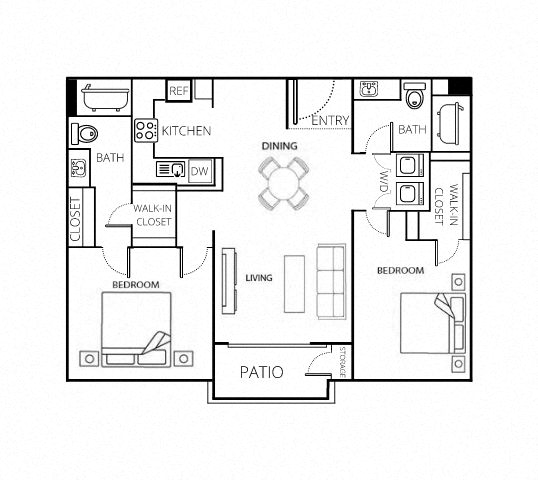 Floor plan for 2 beds, 2 baths, 1057 sqft